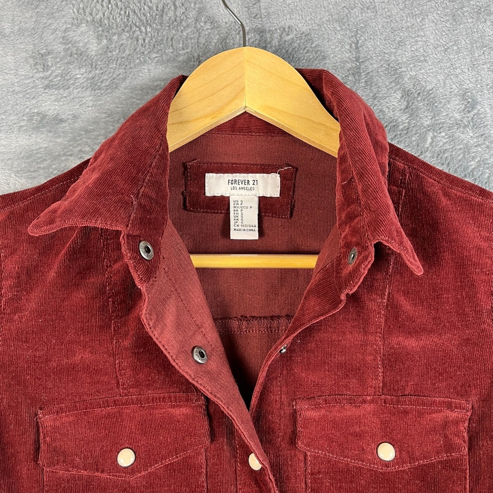 Forever 21 Shirt Dress Womens Small Burgundy Corduroy Long Sleeve Snap Front - Picture 11 of 16